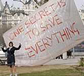 Tracey Emin posing in front of her flag (2007)