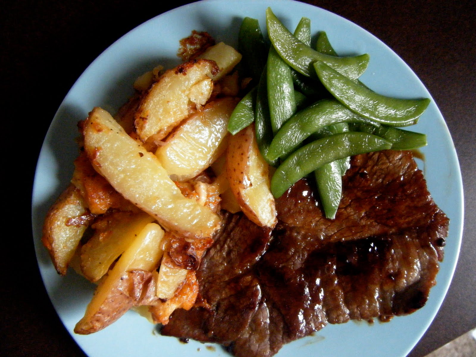 Clutzy Cooking Steak Marinated in Teriyaki Sauce & Garlic Roasted Potatoes