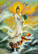 Goddess of Mercy sheltering and guiding beings across the storms of life