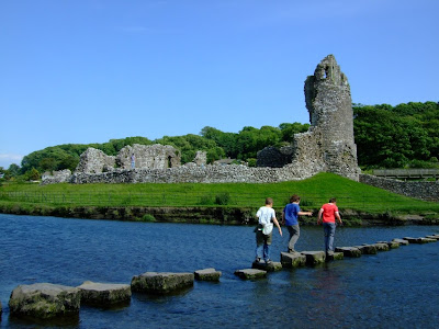 Stepping-stones in front of Ogmore Castle ruins