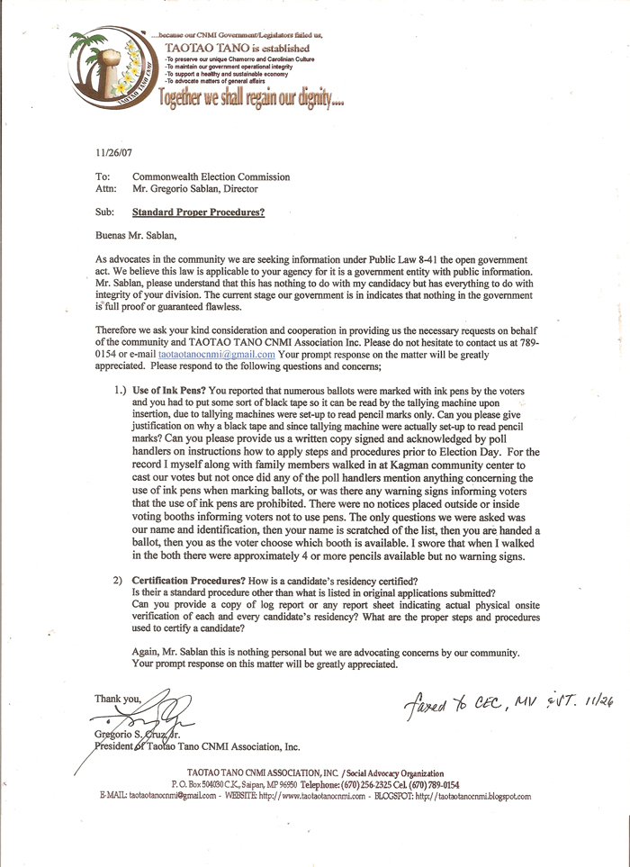 LETTER SENT TO EXECUTIVE DIRECTOR Gregorio Sablan