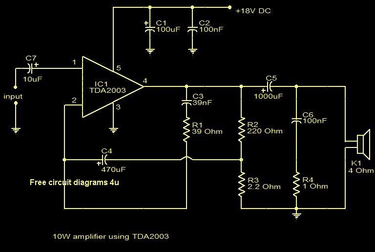 FREE CIRCUIT DIAGRAMS 4U: 10W amplifier using TDA2003.