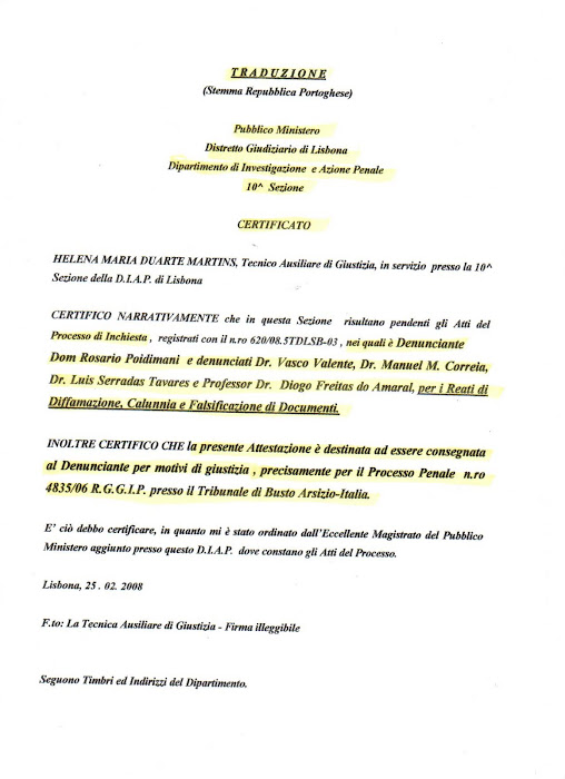 TRADUZIONE IN LINGUA ITALIANA DEL CERTIFICATO DELLA PROCURA DELLA REPUBBLICA DI LISBONA.