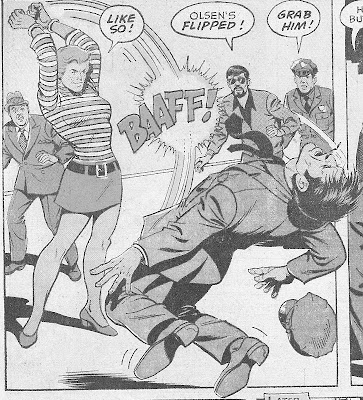 Jimmy Olsen, with boobs, wearing handcuffs, belting a cop--this got past the Code how??