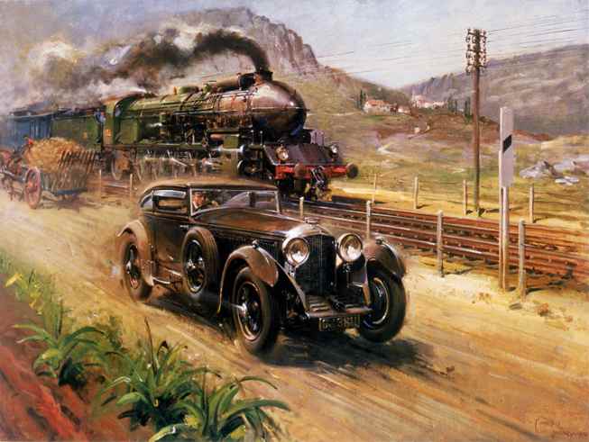 Bentley 4,5 litres Supercharged 1930 Blue+Train+artwork