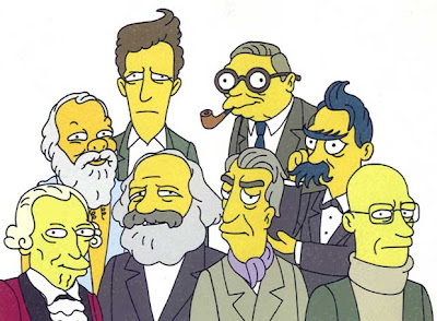 Los filósofos al estilo Simpsons. Al frente, desde la izquierda (pero no ideológica): Kant, Marx, Barthes y Foucault. Atrás (pero no de la historia): Sócrates, Wittgenstein, Sartre y Nietzsche.