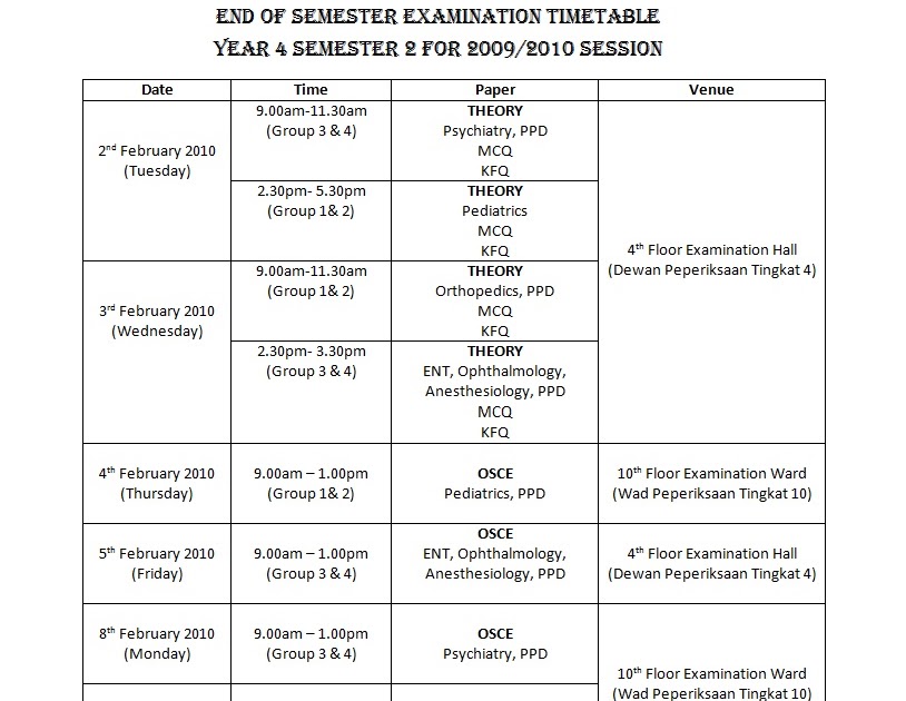 Medical PBL Year 4 Semester 2 Examination Timetable 2009/2010