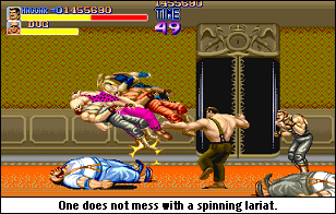 Good thing too, because I count seven enemies surrounding him. Seven! Spinning clothesline.