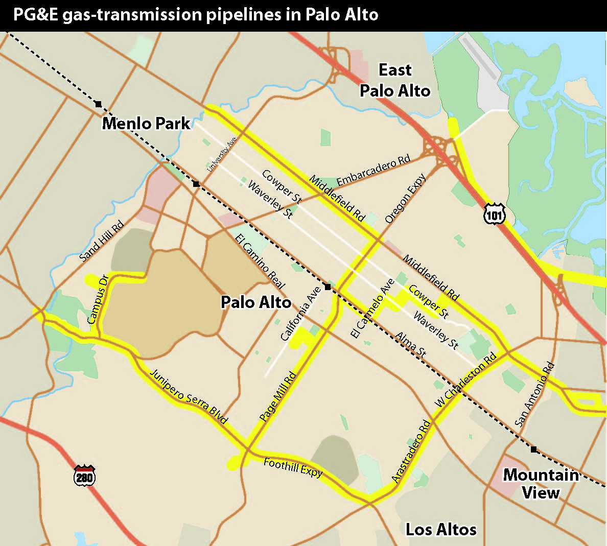 sea blue, see green PG&E Natural Gas Pipelines in Palo Alto