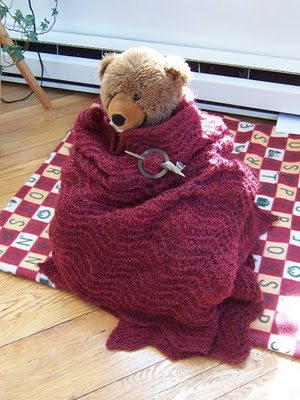 Color photograph of a teddy bear named Sebastian sitting stoically on a yoga cushion, wrapped in a cranberry-colored knit shawl pinned by a brown shawl pin. Photograph by Anna Cook, April 2010.