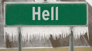 a frozen sign for the town of hell