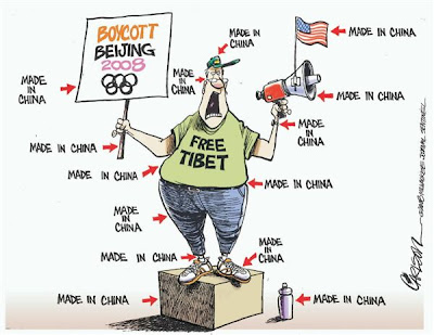cartoon of a guy protesting to free tibet and labels tell us that everything he is wearing is made in china