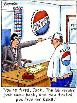 cartoon of a Pepsi worker being fired because he tested positive for coke