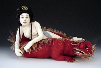 Robin Foley soft sculpture of Tang Dynasty character on a dragon bed