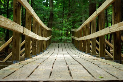 A wooden bridge crossing Amethyst Brook