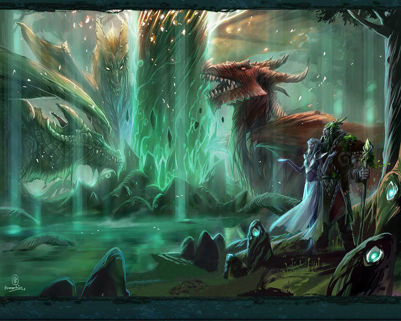 Cool Desktop: Sfondi Fantasy World of Warcraft - Coppia nella Foresta con Drago