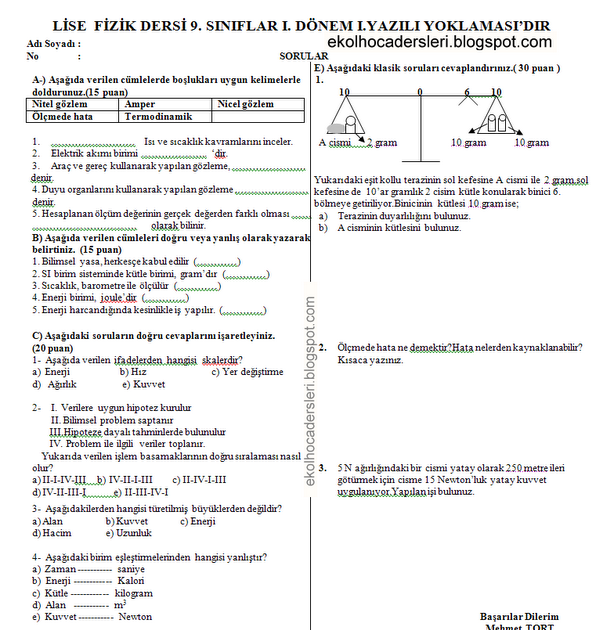 9.sinif fizik 1.dönem 1.yazili sorulari ve cevaplari - Ekol Hoca,Fizik