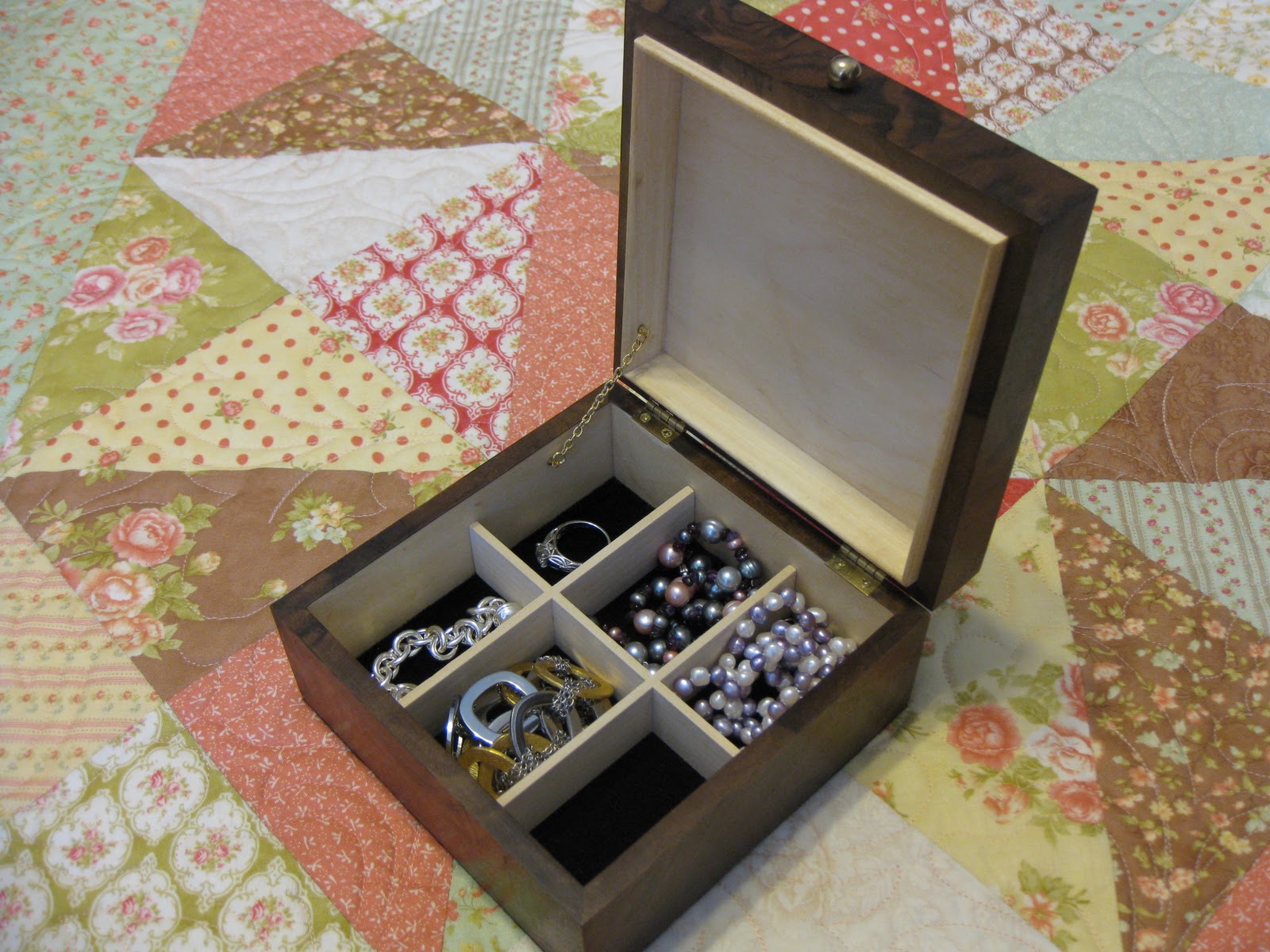 Millie's Quilting A Wooden Quilt Box and Three Quilts