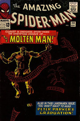 Amazing Spider-Man #28, Molten Man Classic Steve Ditko cover, Amazing Spider-Man #28, Spidey, in the dark, confronts the Molten Man who is making his first appearance