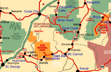 Map showing Zion National Park and Bryce Canyon National Park in relation to St. George