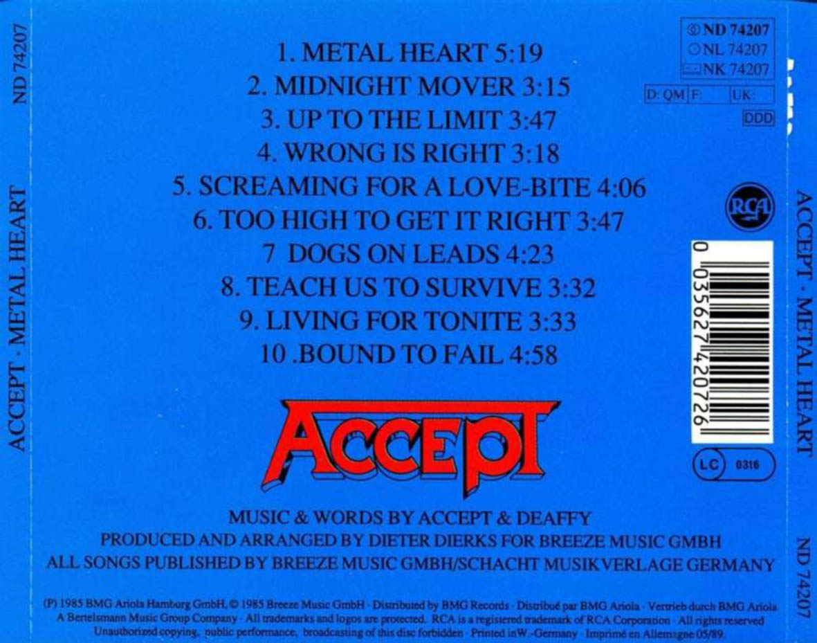 CARATULAS DE CD DE MUSICA Accept Metal Heart(1985)