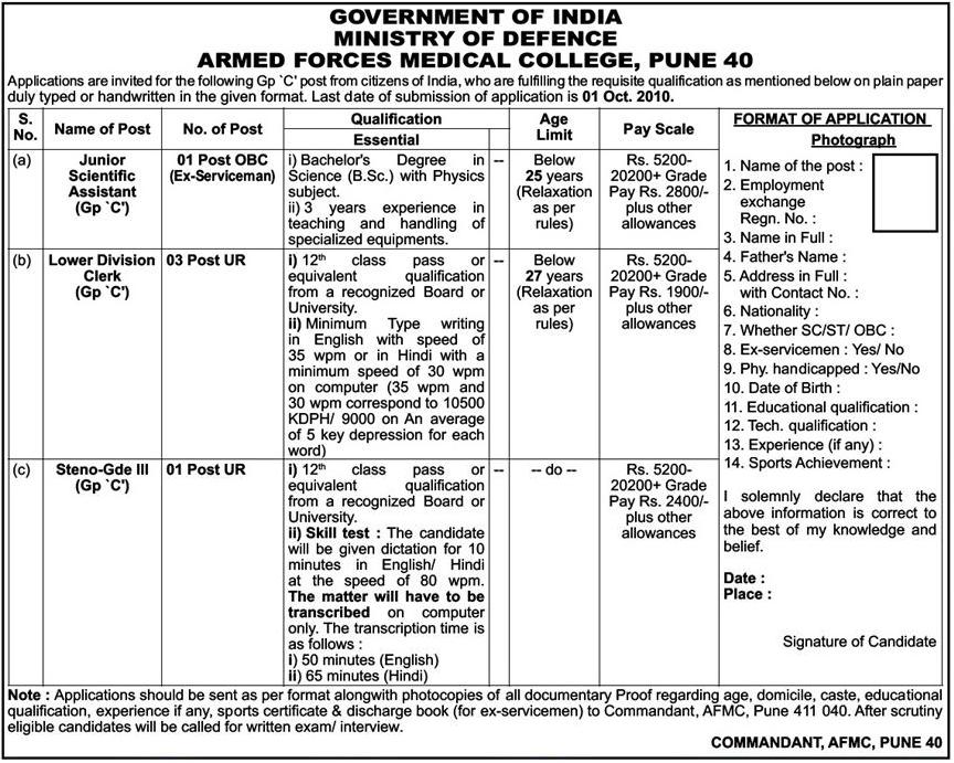 Jobs Information Recruitment in Armed Forces Medical College, Pune 40