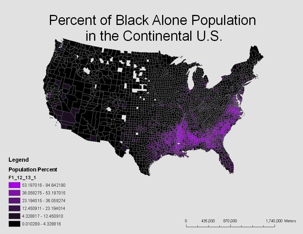 this map shows the percent of the population of african americans or black alone race in the continental united states from the color scheme on the map this map shows the percent of the population of african americans or black alone race in the continental united states from the color scheme on the map