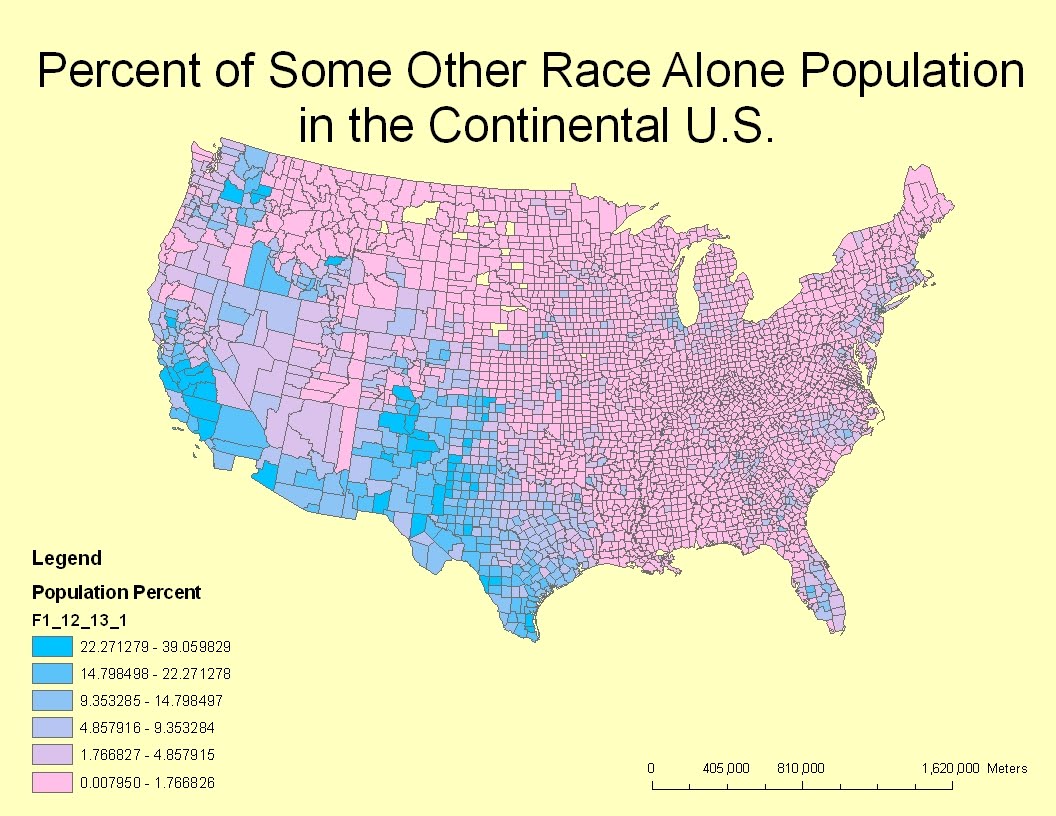 this map shows the percent of an unknown race or some other race alone across the continental us the blue to pink in the legend shows that there are as this map shows the percent of an unknown race or some other race alone across the continental us the blue to pink in the legend shows that there are as