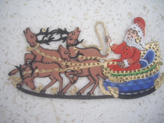 SANTA ON A SLEIGH WITH REINDEER--HANDMADE IN BALI, HANGING CHRISTMAS ORNAMENT, WAYANG KULIT-STYLE