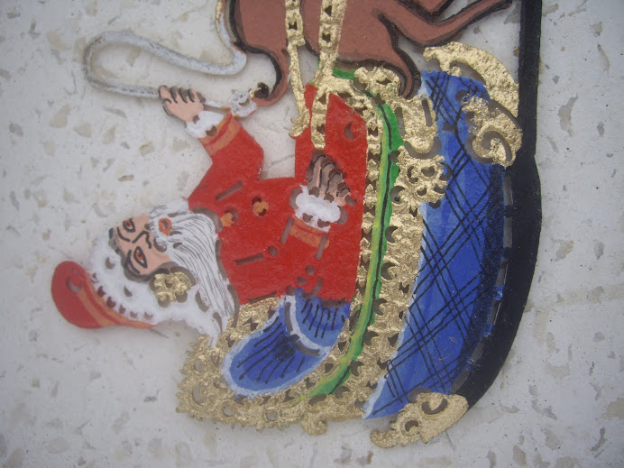 SANTA ON A SLEIGH WITH REINDEER--HANDMADE IN BALI, HANGING CHRISTMAS ORNAMENT, WAYANG KULIT-STYLE