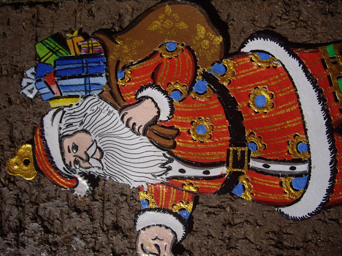 SANTA CLAUS CARRYING SACK OF PRESENTS--HANDMADE IN BALI, WAYANG KULIT-STYLE, HANGING TREE ORNAMENT