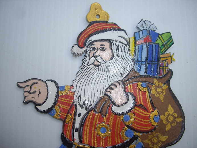 SANTA CLAUS CARRYING SACK OF PRESENTS--HANDMADE IN BALI, WAYANG KULIT-STYLE, HANGING TREE ORNAMENT