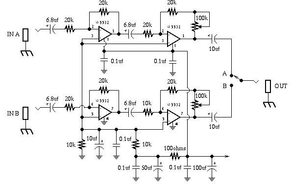 GuitarTech: Dual Pre-Amp and A/B Box Guitar Effect Schematic