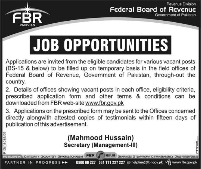 Jobs For All Federal Board of Revenue Job Opportunities