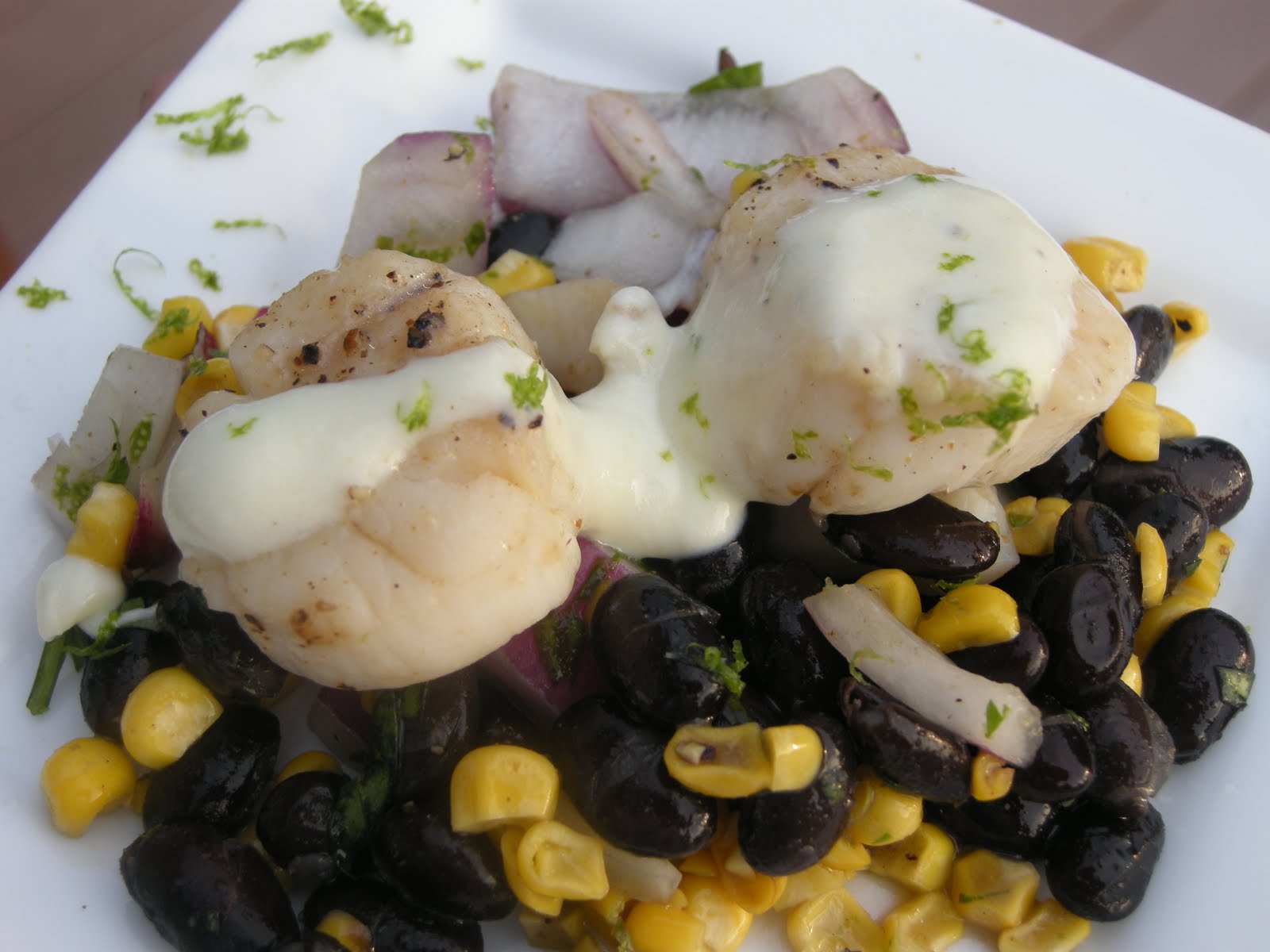 Kitchens Are Monkey Business Rosie's Scallop, Wasabi Cream, Black Bean