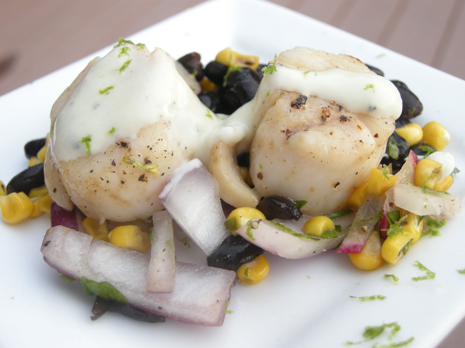 Kitchens Are Monkey Business Rosie's Scallop, Wasabi Cream, Black Bean