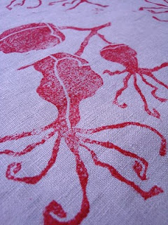 red succulent flower, block printed fabric, handmade