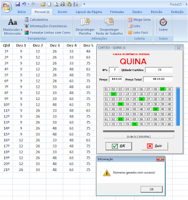 Cartela da Quina loteria, quina, vba, excel, macro