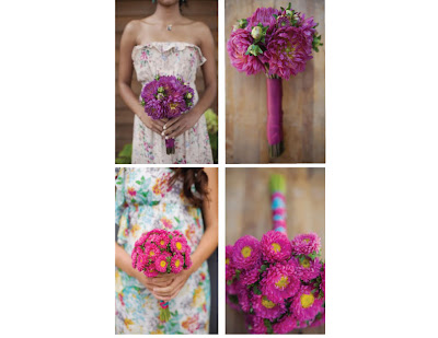 bouquet of all fuschia dahlias with buds left on and wrapped in a magenta