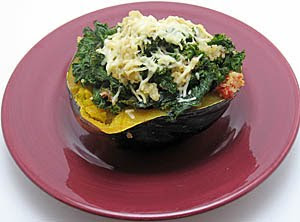 Quinoa, Tomato, Kale, and Garlic-Stuffed Acorn Squash