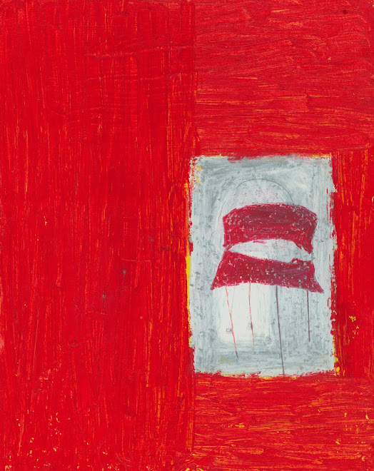 Chaise rouge, carré blanc et fond rouge