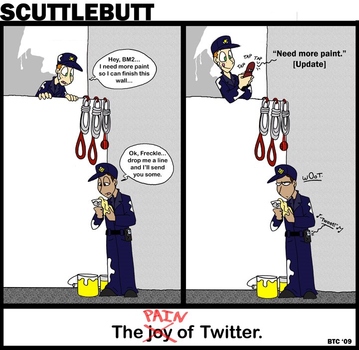 CG Scuttlebutt, a comic about the life of Coast Guard members, is drawn by PA3 B. Patton