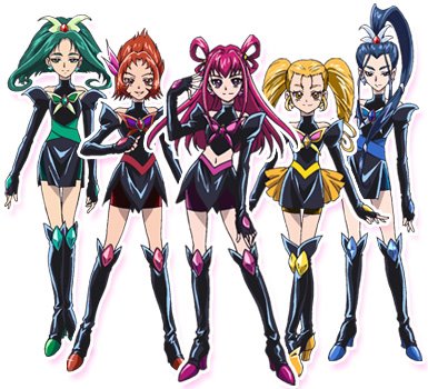Dark Pretty Cure Five(From left,Dark Mint,Dark Rogue,Dark Dream,Dark Lemonade,Dark Aqua)