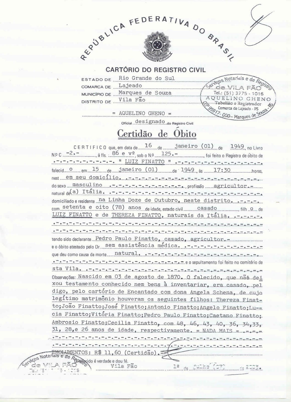 CERTIDÃO DE CASAMENTO DE LUIGI FINATO
