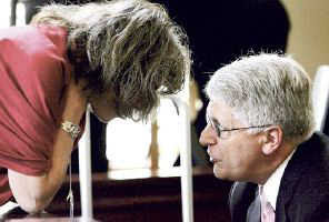 Mike Nifong confers with his wife, Cy Gurney, during a break in misconduct hearing. Mike Nifong confers with his wife, Cy Gurney, during a break in misconduct hearing.