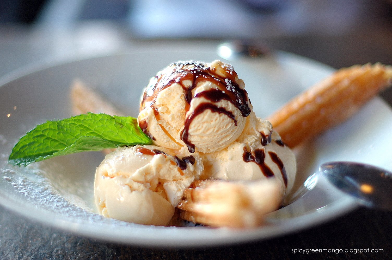 Spicy Green Mango Churros + Helado + Blackberry Margarita = Wowza!!