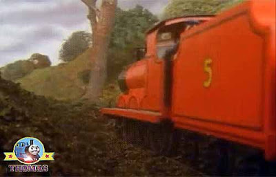 By some fairy magic suddenly the tree jolted forwards help cried frightened James the red engine