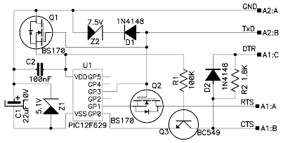 The problem to solve for programming the PIC12F629 without external power supply is to build 2 supply voltages (+5...