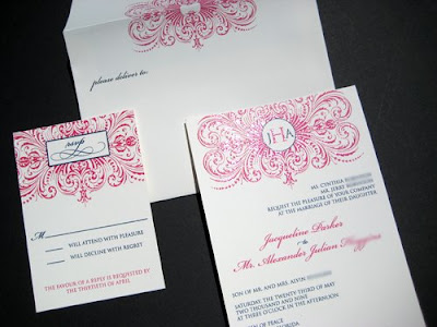 Jacque Alex's hot pink navy wedding invitations