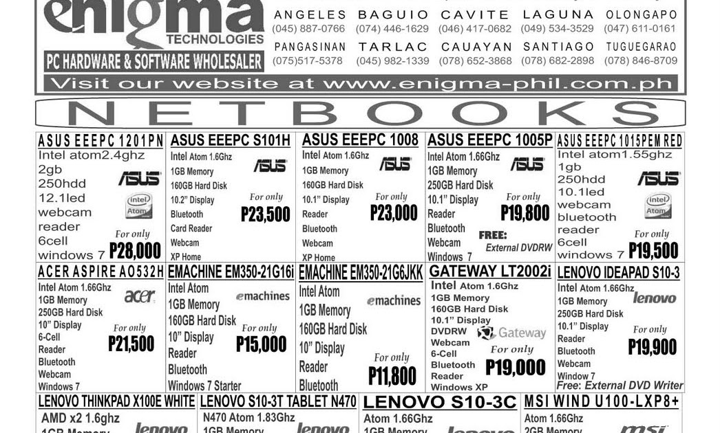 COMPUTER SALES AND SERVICES Price list update of Enigma Technologies